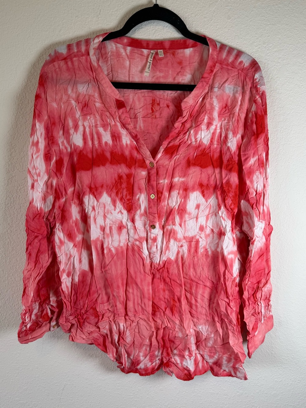 Grand & Greene 2X Coral Pink White Tie Dye Button Front Rayon Blouse Lightweight